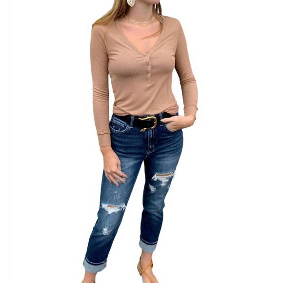 NEW ENZA COSTA ribbed henley top in pecan - Picture 1 of 2